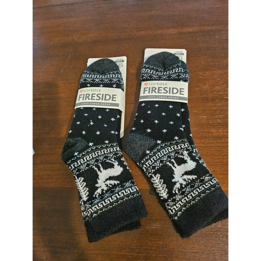 Sofsole Fireside Cozy Lodge Set 2 Socks Mens 8-12.5 Black Reindeer Winter Crew